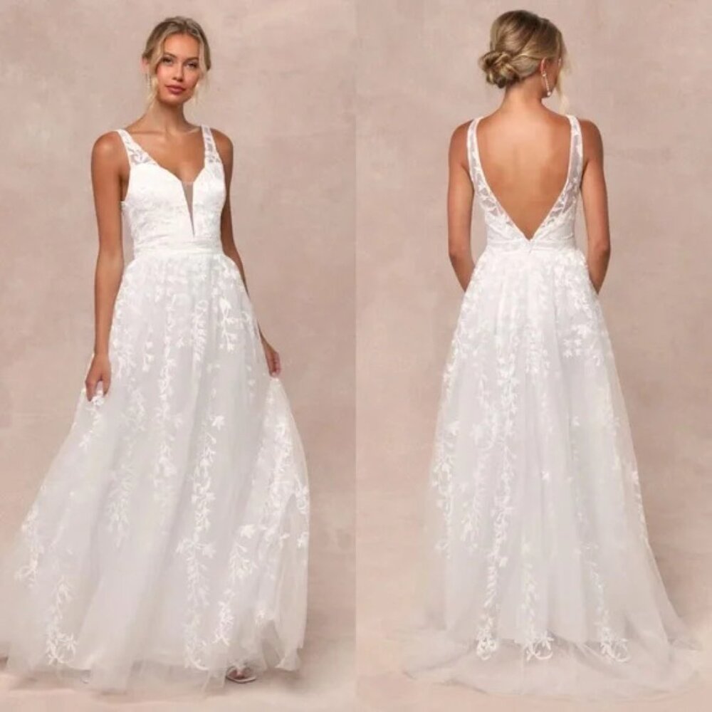 Lulus Boundless Romance White Floral Lace Embroidery Tulle Maxi Dress Large NWOT